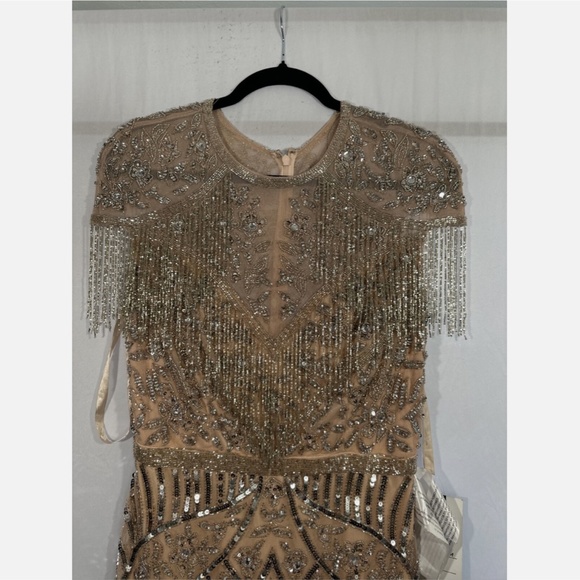 NWT $598 MAC DUGGAL [ 10 ] Embellished Fringe‎ Cap Sleeve Gown Platinum Pink - Picture 10 of 16